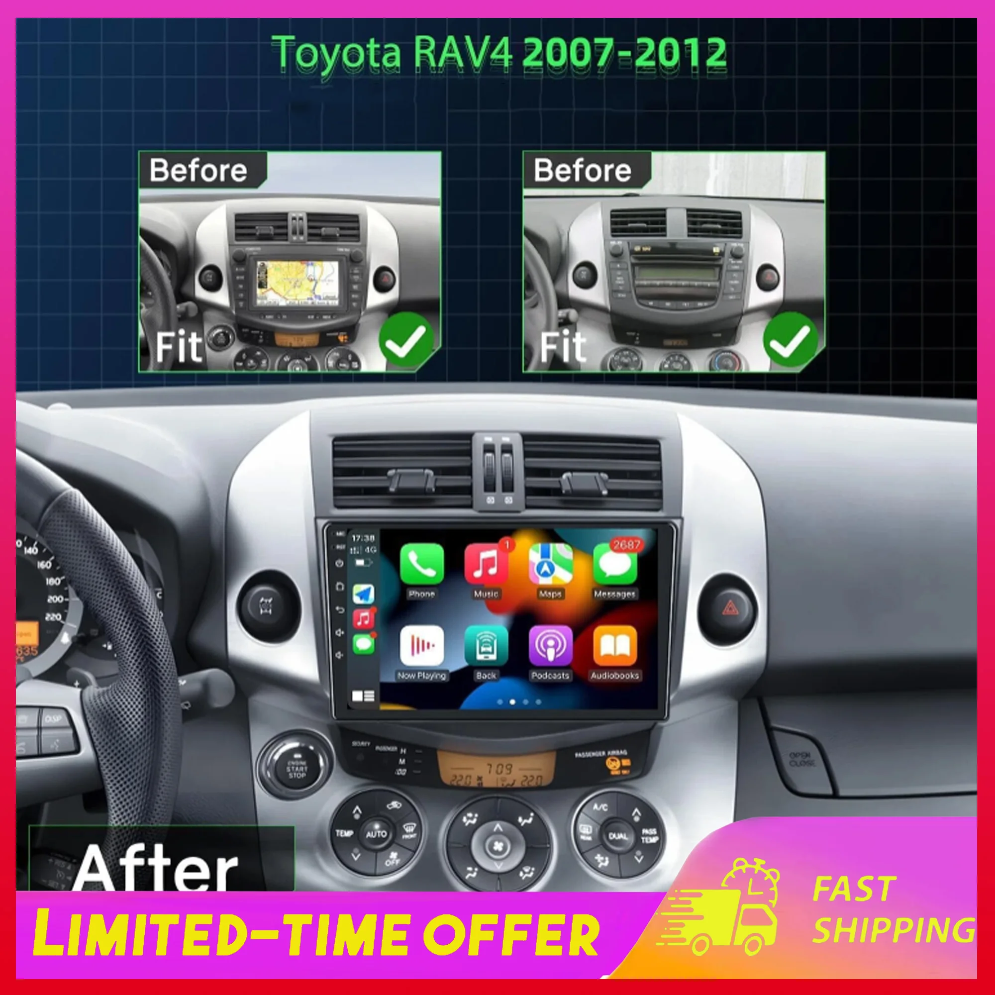 

2GB+32GB For Toyota RAV4 2007-2012 Car GPS Navigation Multimedia Player Head Unit Carplay 9 Inch Android 15 Multimedia Player
