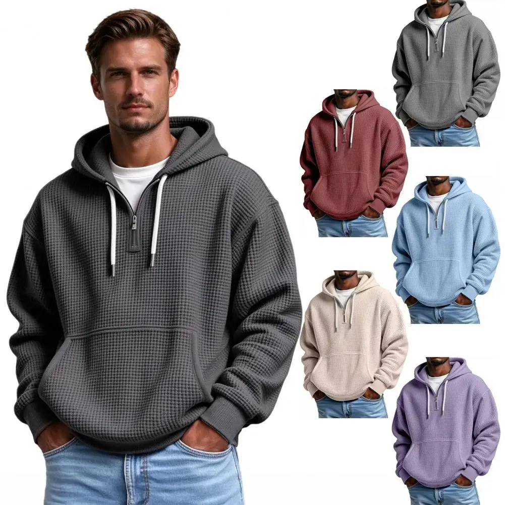 Durable Machine Washable Gear Hooded Pullover Tops Men's Waffle Knit Hoodie Pullover Quarter Zipper Sweatshirt with Front Pocket