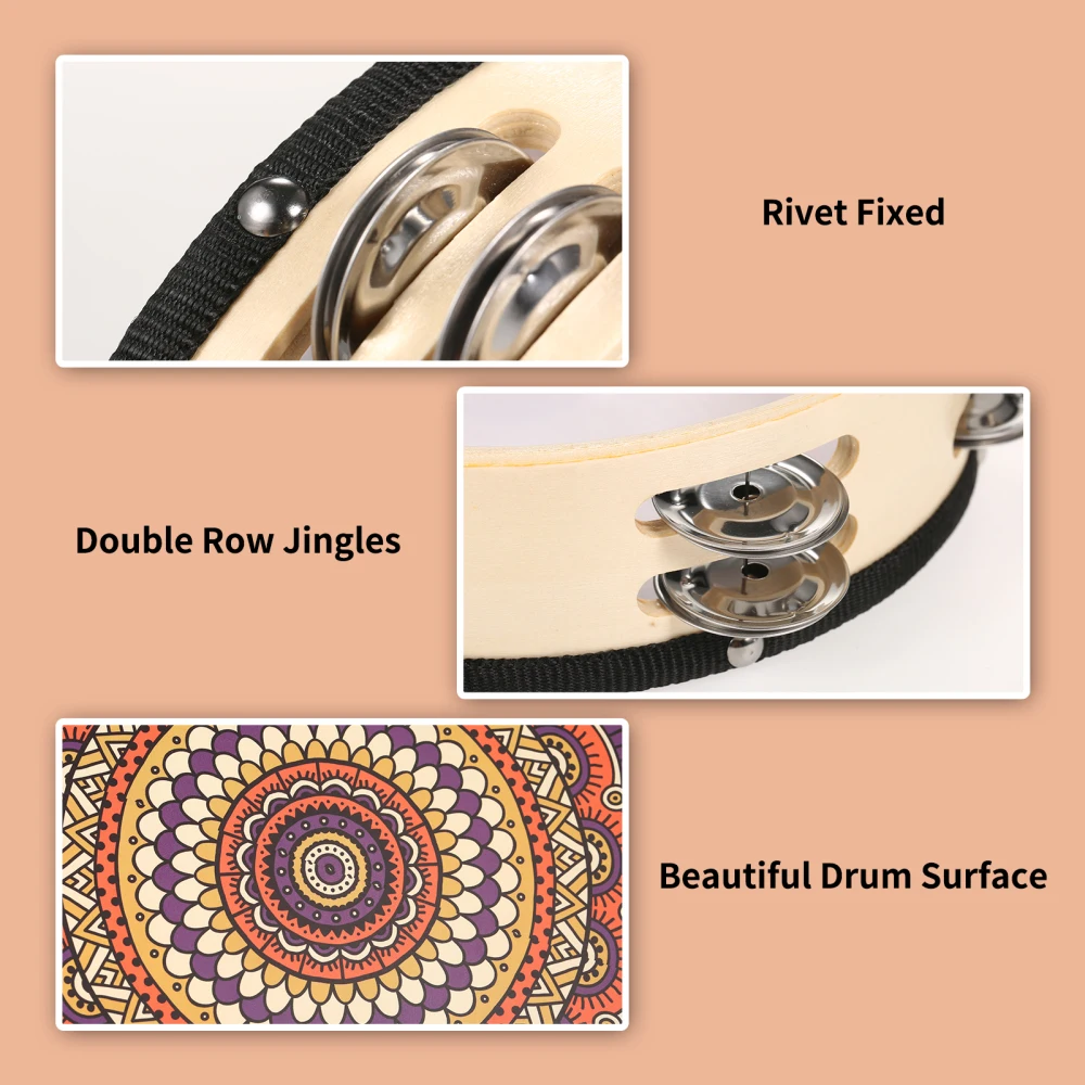 Double Row Tambourine Wooden Hand Tambourine Floral Pattern 7-10 Inch Double Row 10Bells Percussion Instrument for Holiday Party