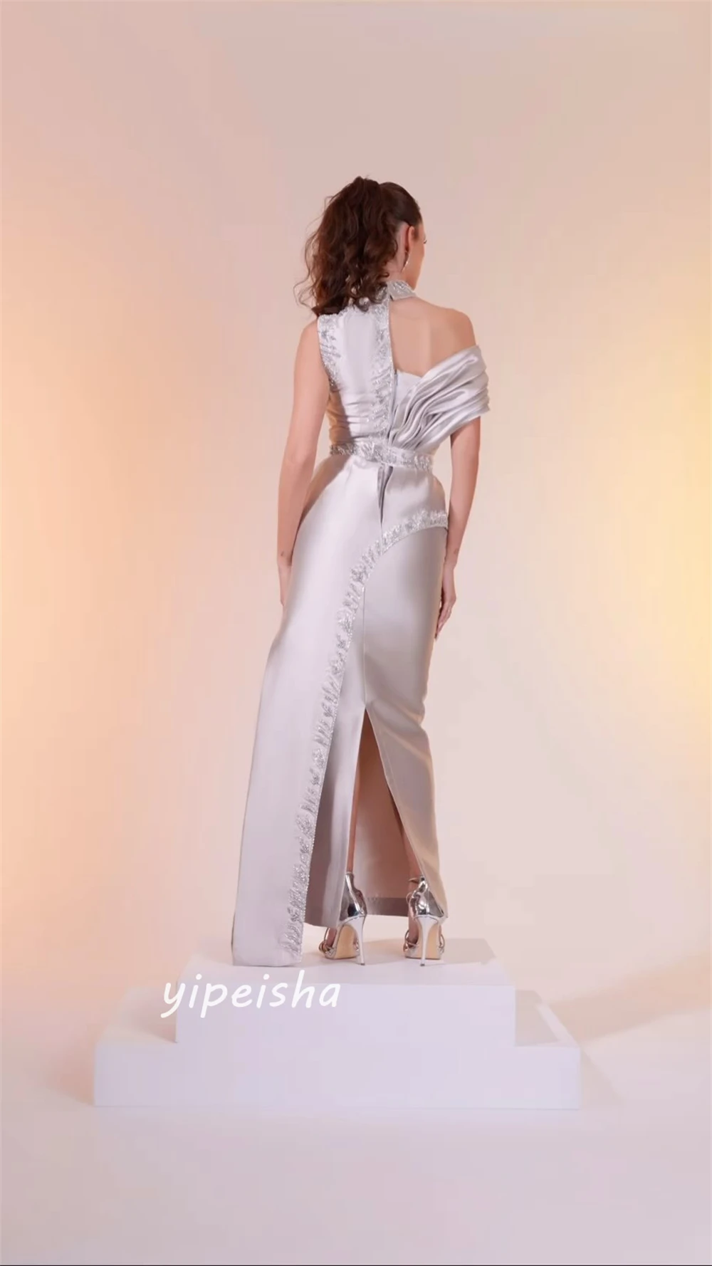 Prom Dress Saudi Arabia Sexy Modern Style Formal Evening High Collar A-line Pleat Ruched Ankle-Length Satin  Dresses