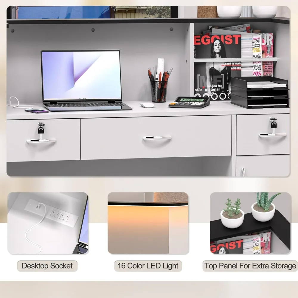 Reception Desk with Counter, Modern Front Table Equipped Lockers & Storage Shelves, 50-inch Checkout Counter