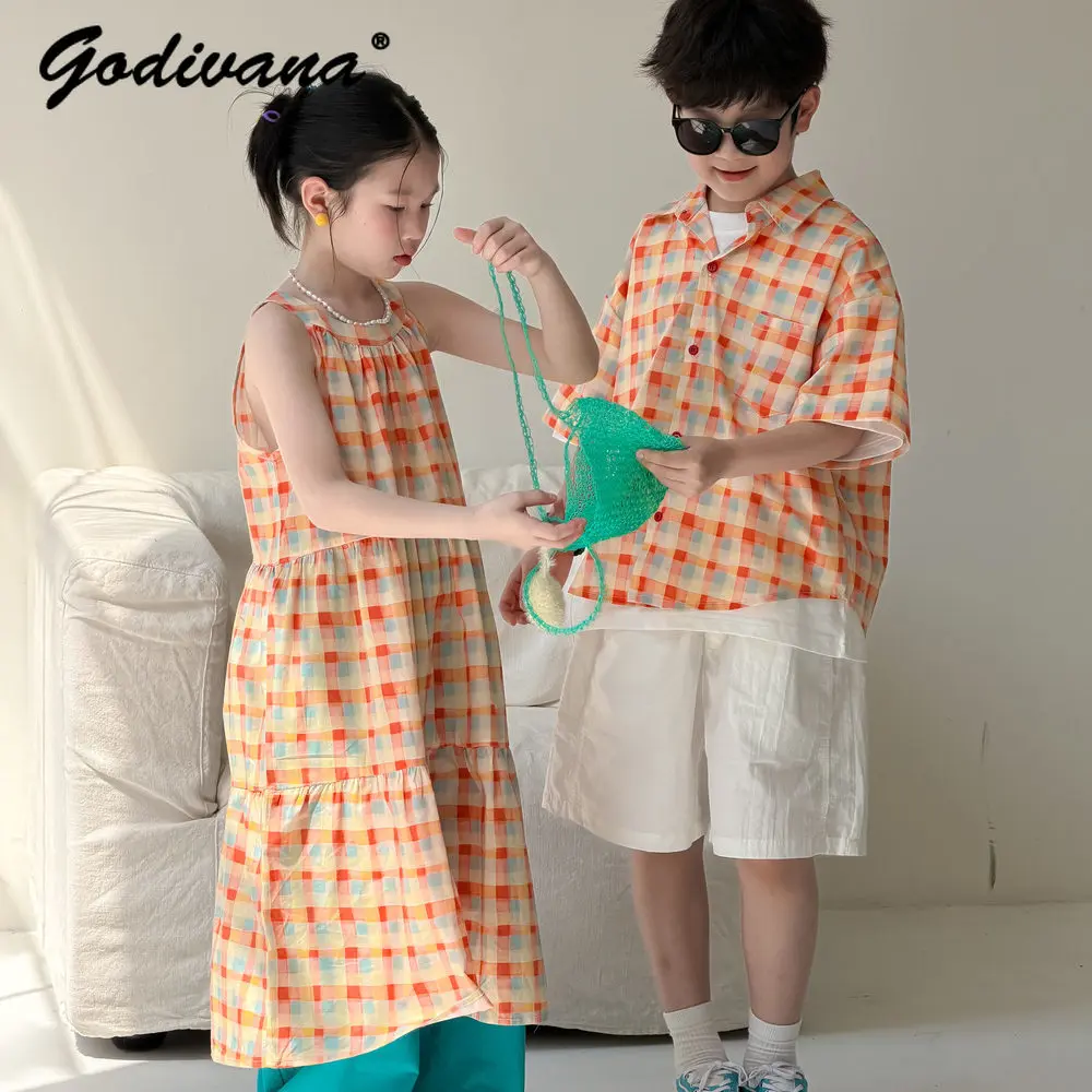 

Kids Brother Sister Summer Matching Outfits Korean Colorful Plaid Pure Cotton Thin Soft Boys Shirt and Shorts Girls Sundress