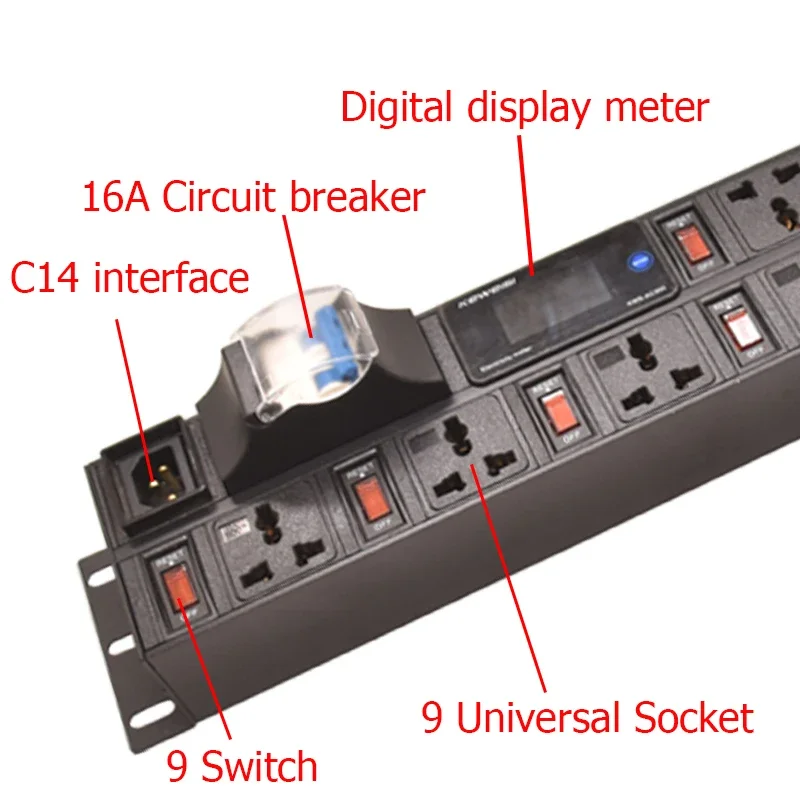 2U PDU Power Strip 9way Universal socket 9 Switch ammeter/voltmeter/power tester 16A air switch C14 interface For Cabinet Mount