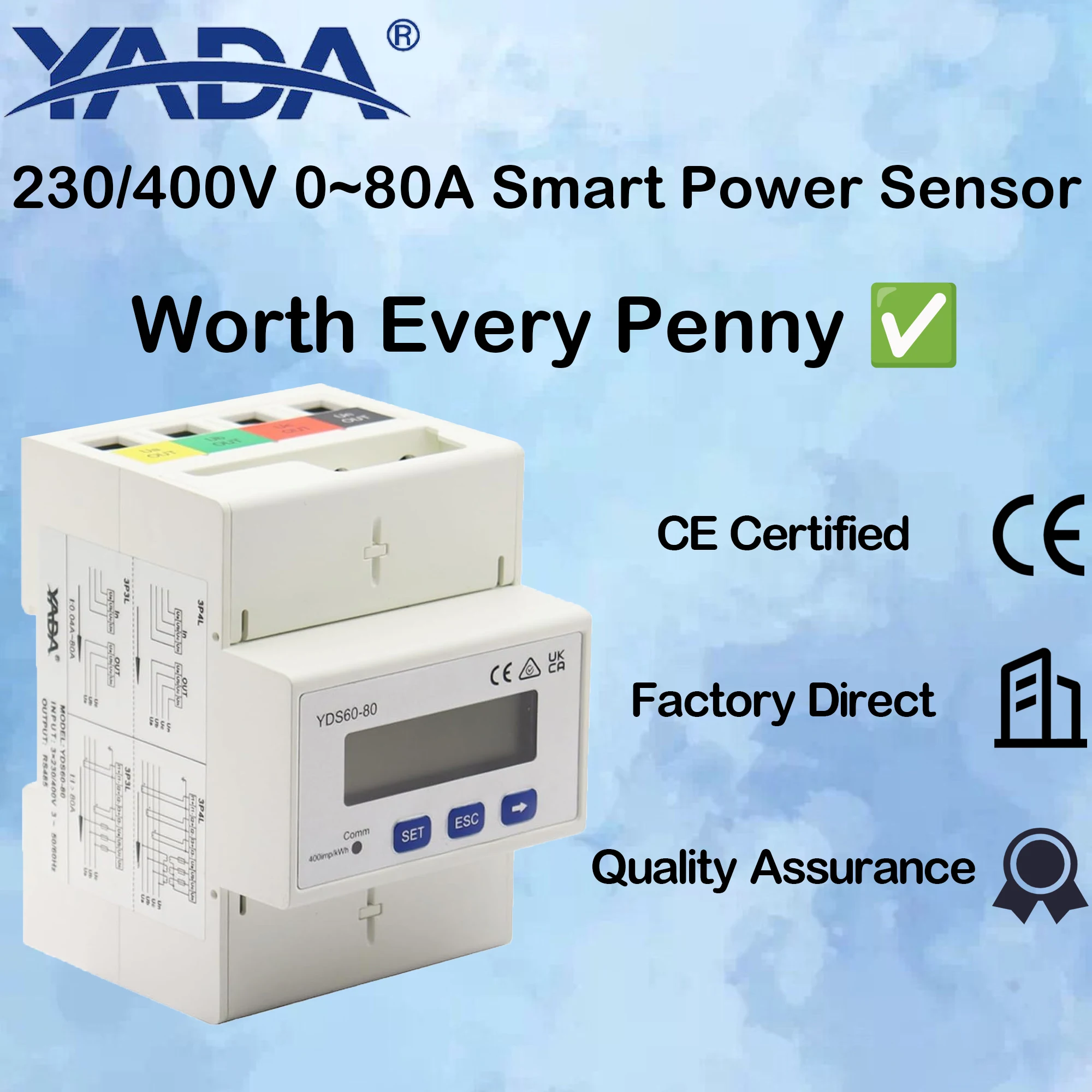 Driefasige slimme stroomsensor 230/400V 0 ~ 80A, nauwkeurigheid van klasse 1, RS485 Modbus-communicatie, DIN-railmontage voor energiemonitoring