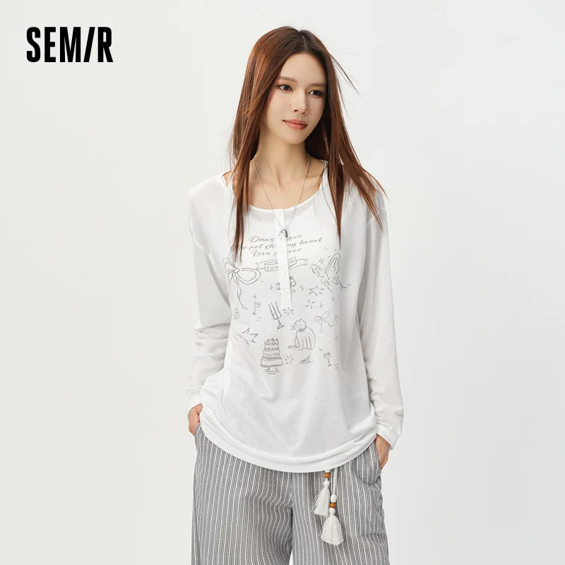 Semir Women Tshirt Print Oversized Mid Long Sleeve Top 2026 Summer Loose Casual image 3