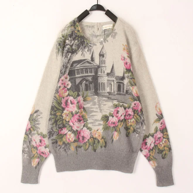 

Винтажный шерстяной свитер с цветочным узором в японском стиле Харадзюку, теплый, свободный, с длинными рукавами и круглым вырезом, для повседневной носки