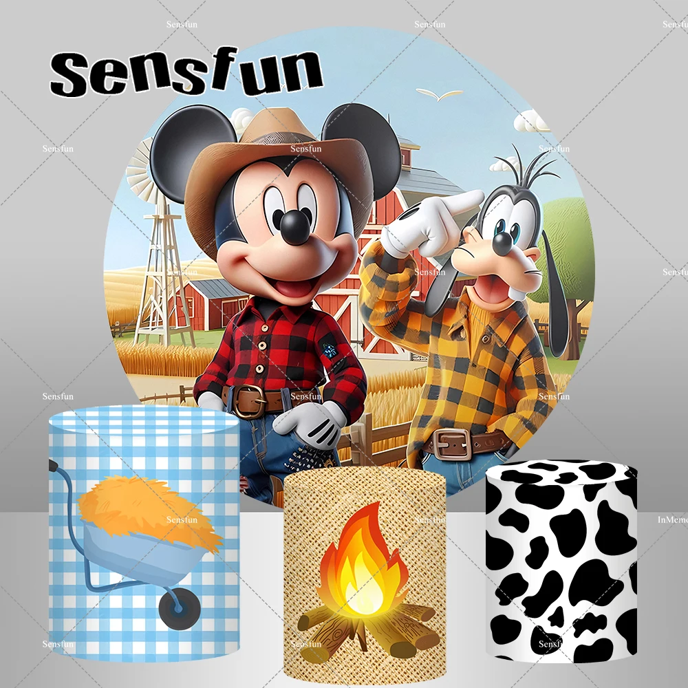 

Cartoon Mickey Mouse Bruto Barn House Boys Fram Theme Birthday Party Round Backdrop Cover Cylinder Covers Photo Prop