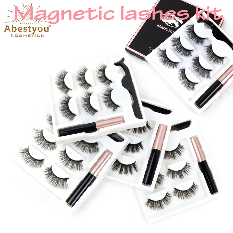 Abestyou 3pairs Magnetic Eyelashes Mix Style 3D False Lashes Waterproof Liquid Eyeliner Set With Tweezer Cilios Magnetico Makeup