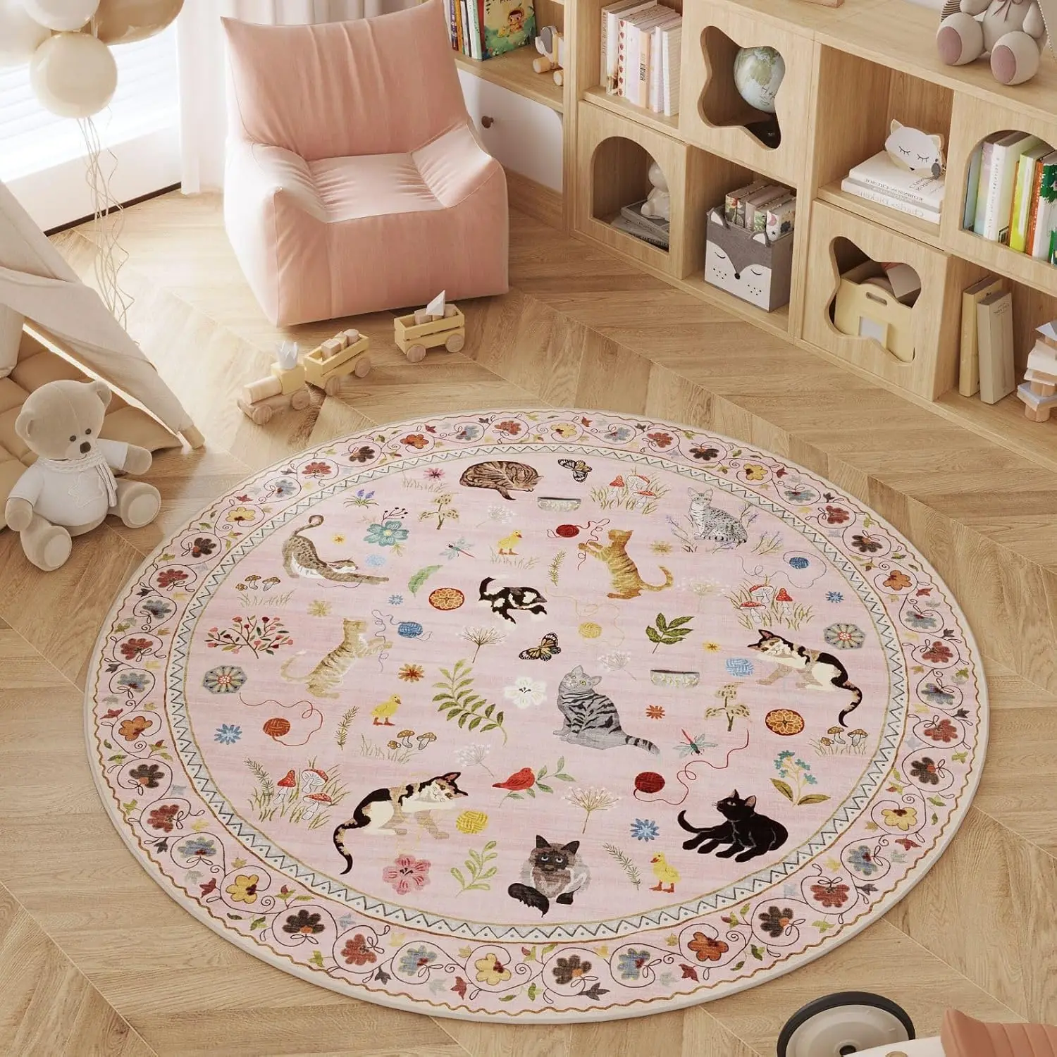 Boho Cute Cats Playing Round Area Rug Soft Non-Slip Floor Mat Cottagecore Kittens Floral Pattern Carpet for Bedroom