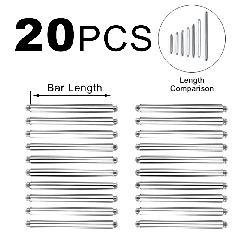 20pcs 14/16G Surgical Steel Straight Piercing Barbell Tongue Ring Replacement Accessories Ear Helix Piercing Jewelry 4-42mm