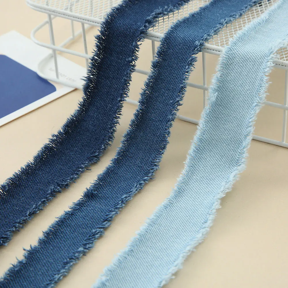 

3cm Wide 150cm Long Denim Fabric Tassel Edge Ribbon DIY Handmade Hairclip Bows Denim Sewing Gift Wrapping Decoration Material