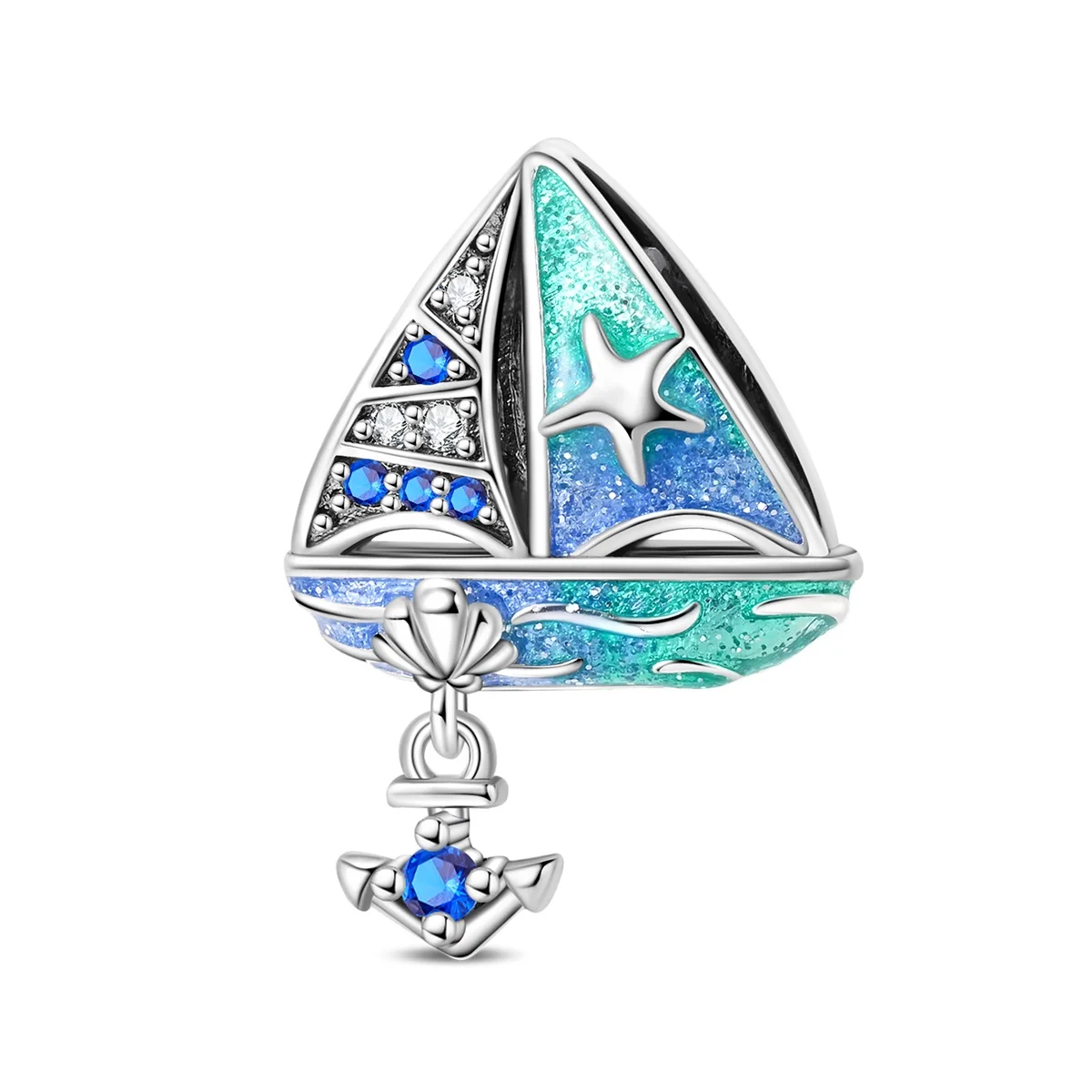 Original Ocean Charms 925 Silver Silver Wave Shell Beaded Blue Zircon Sailing Beads Fit Bracelet Fine Women Jewelry Gift Making