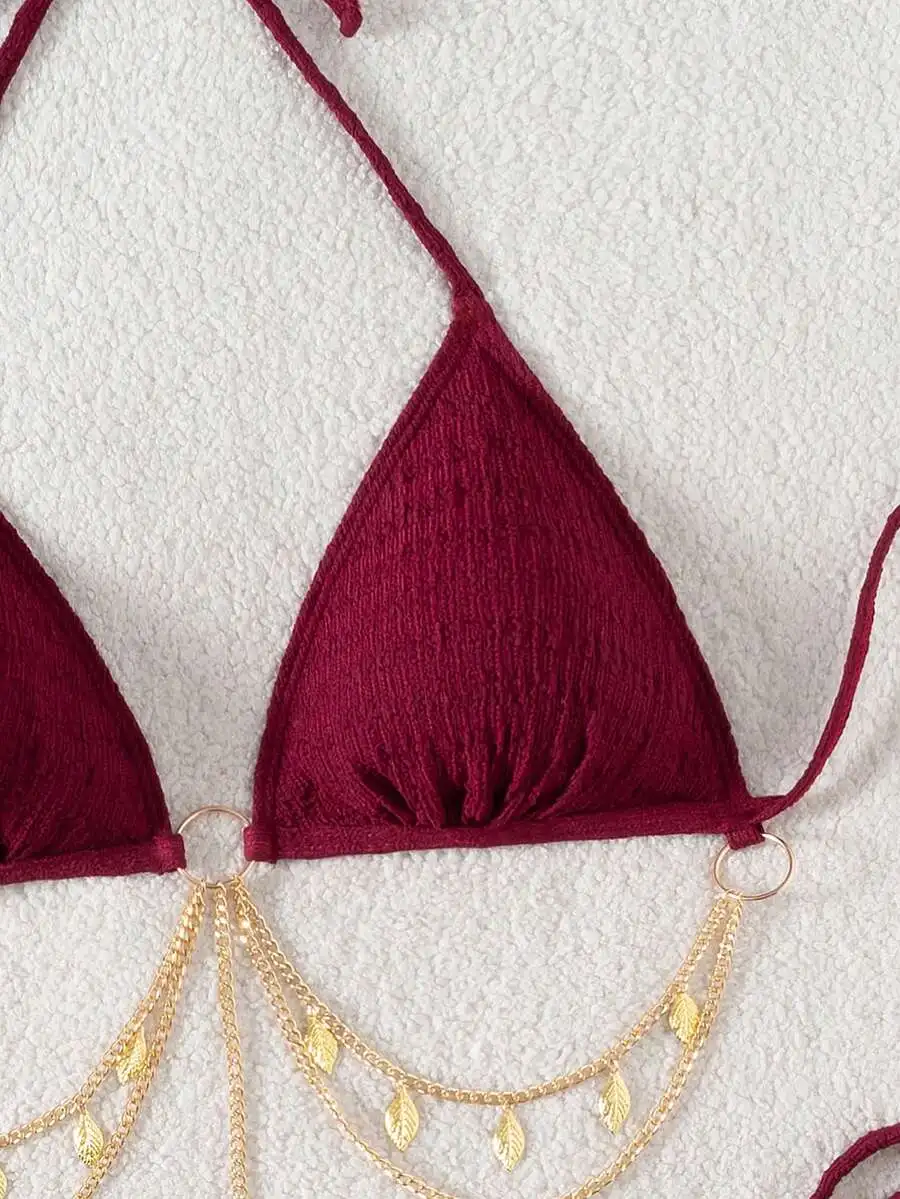 

Burgundy Solid Color Halter Tie Triangle Bikini Set With Chain Detail