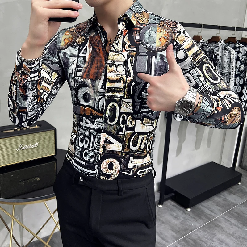 Vintage Street Graffiti Printing Shirts For Men Long Sleeved Slim Fit Korean Fashion Men Shirt Party Club Social Tops Hombre 6XL