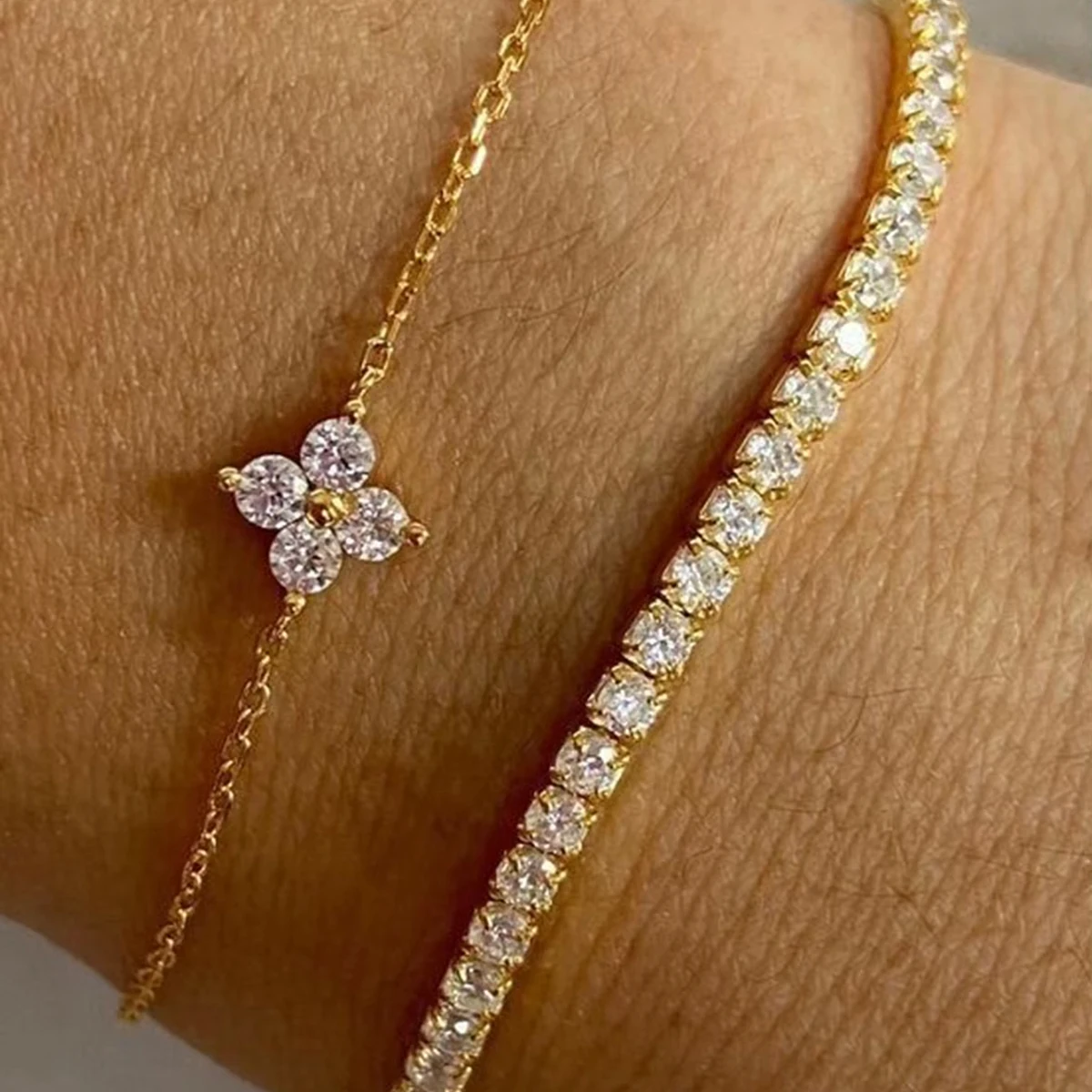 2pcs Simple Cubic Zirconia Flower Water Chain Women's Bracelet Set Daily Minimalist Silver Color Bracelet Party Fashion Jewelry