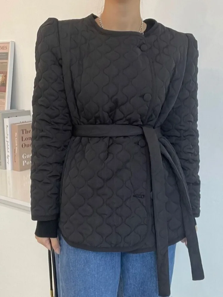 Jaet de algodão retrô feminino redondo ne cintura acolchoada alça de botão único casaco de algodão outono inverno faion simples sle