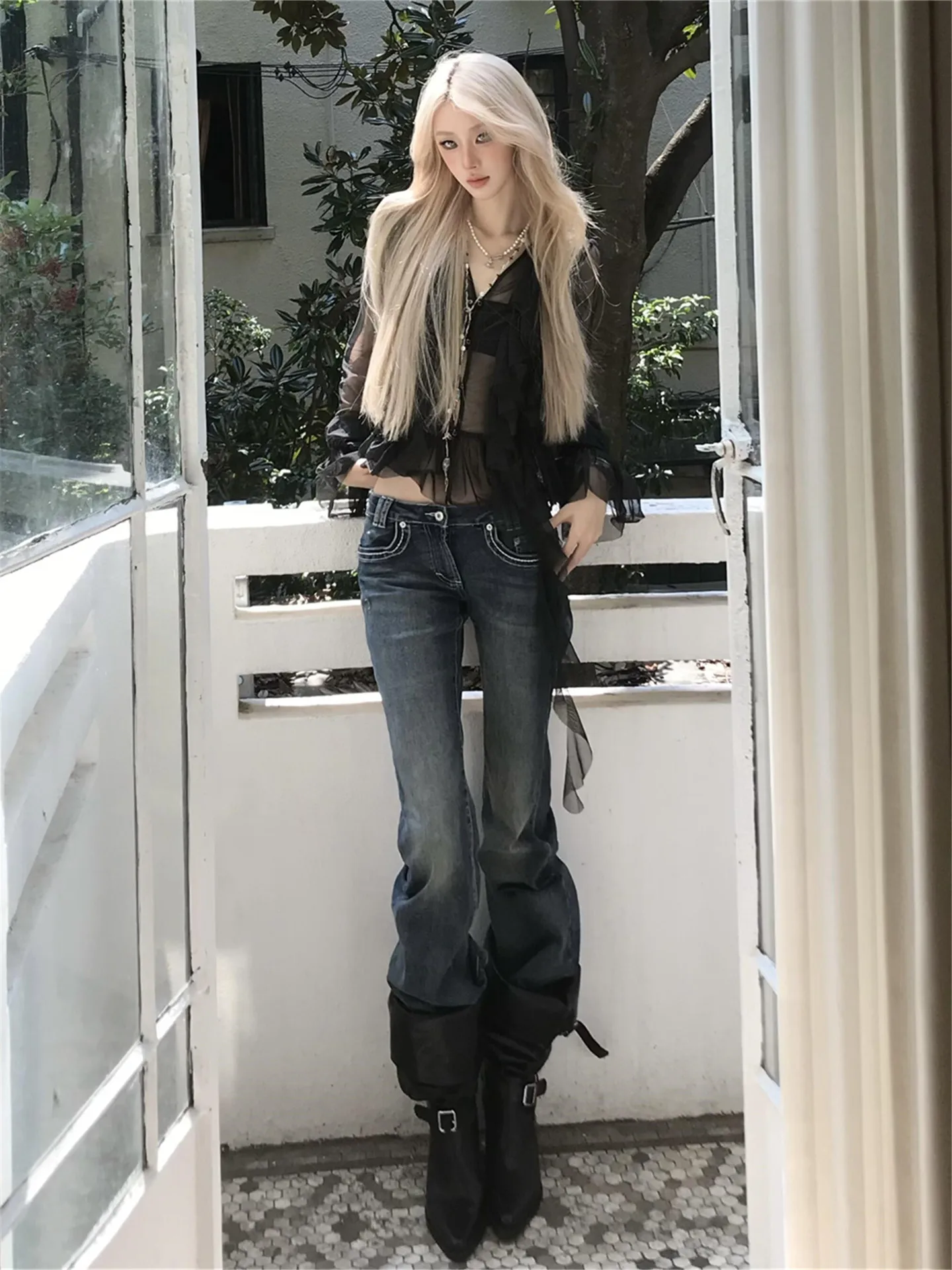 

Low Waist Bell Bottom Denim Jeans Women's Style Slim Fit Lengthened Floor Length Spicy Girl Deep Blue Spring Autumn Jeans