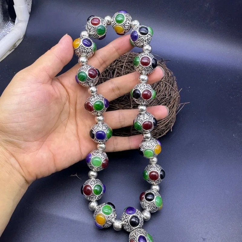 Vintage Tibetan Style 18 Beads Bracelet, Ethnic Inlaid Colorful Stone Unisex Retro Handheld Prayer Bead Wrist Jewelry