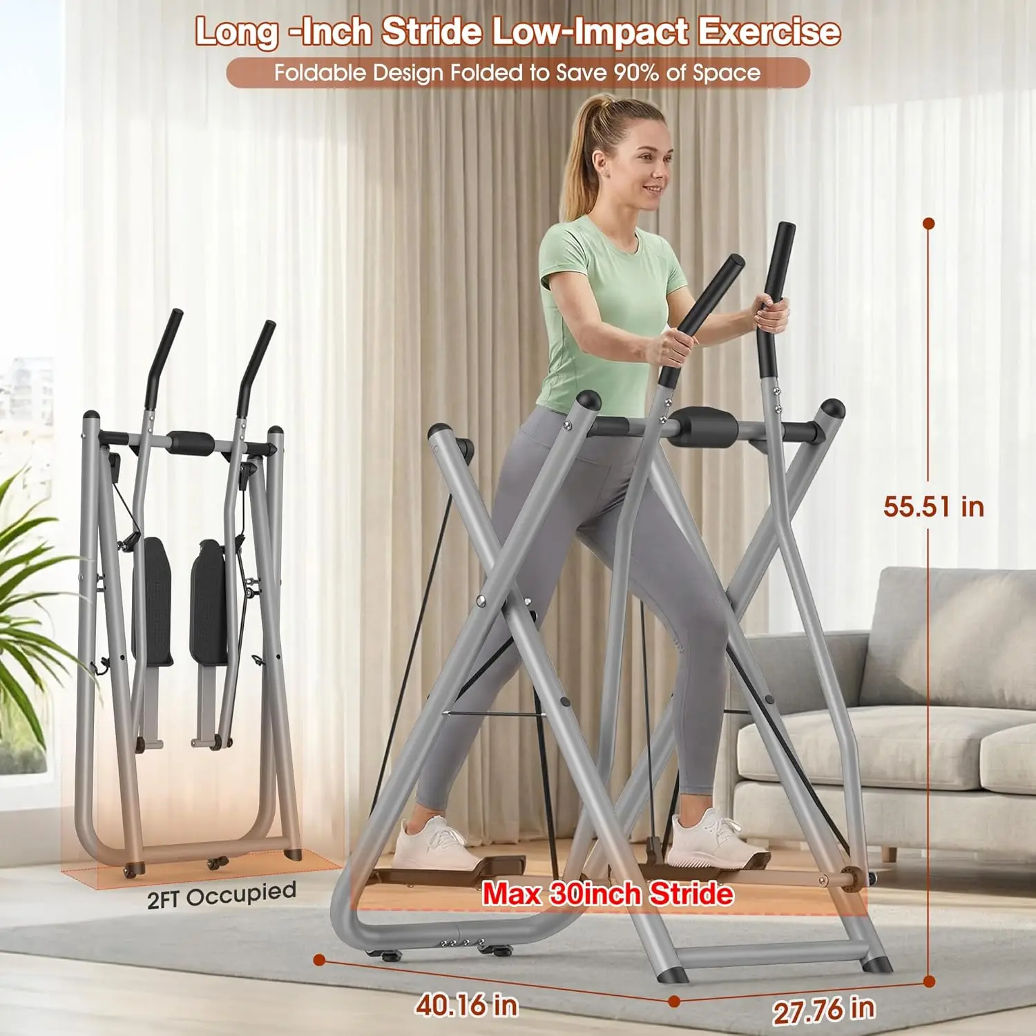 Home Gym Use, Steel Material, Gray Color, 600LBS Capacity, Fully Assembled Low-Impact Elliptical Glider for Cross-Training