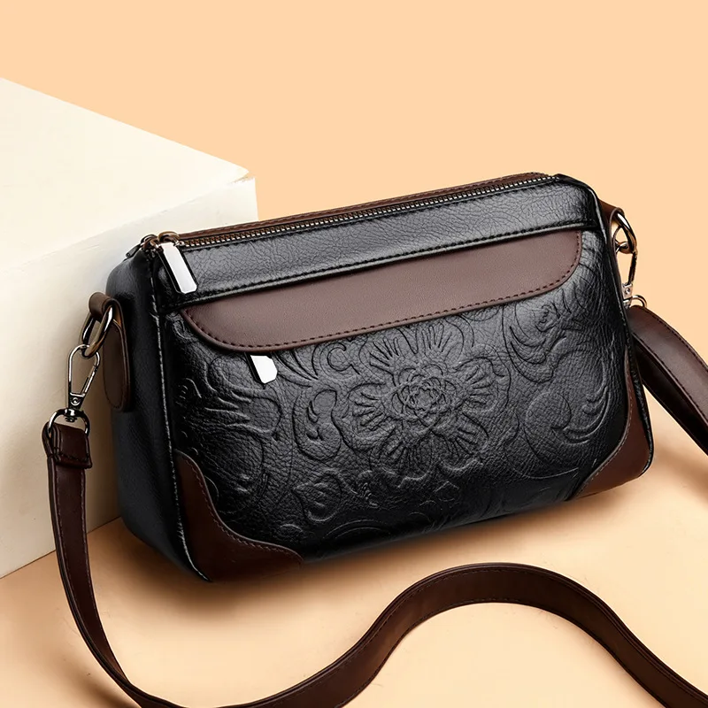 

2025 New Chinese Print Tote Bag Women Large Capacity Multi-layer Soft Leather Shoulder Crossbody Fashion Purse