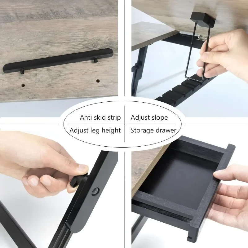 Bamboo Laptop Desk Bed Tray Table Adjustable Table for Computer Tilting Top Foldable Leg with Drawer