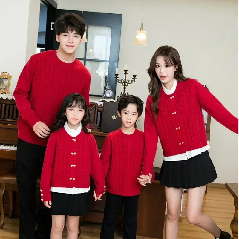 Knitted Cardigan New Year Family Matching Red Knit Clothes Christmas Mother and Daughter Father and Son Children Sweater Jumper