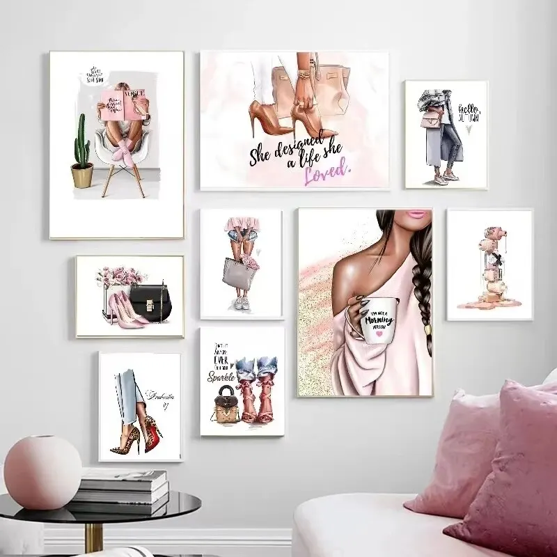 Nordic Fashion Girl High Heels  Handbag Art Canvas Prints  Nail Polish Wall Painting for Living Room Decor Modern Posters