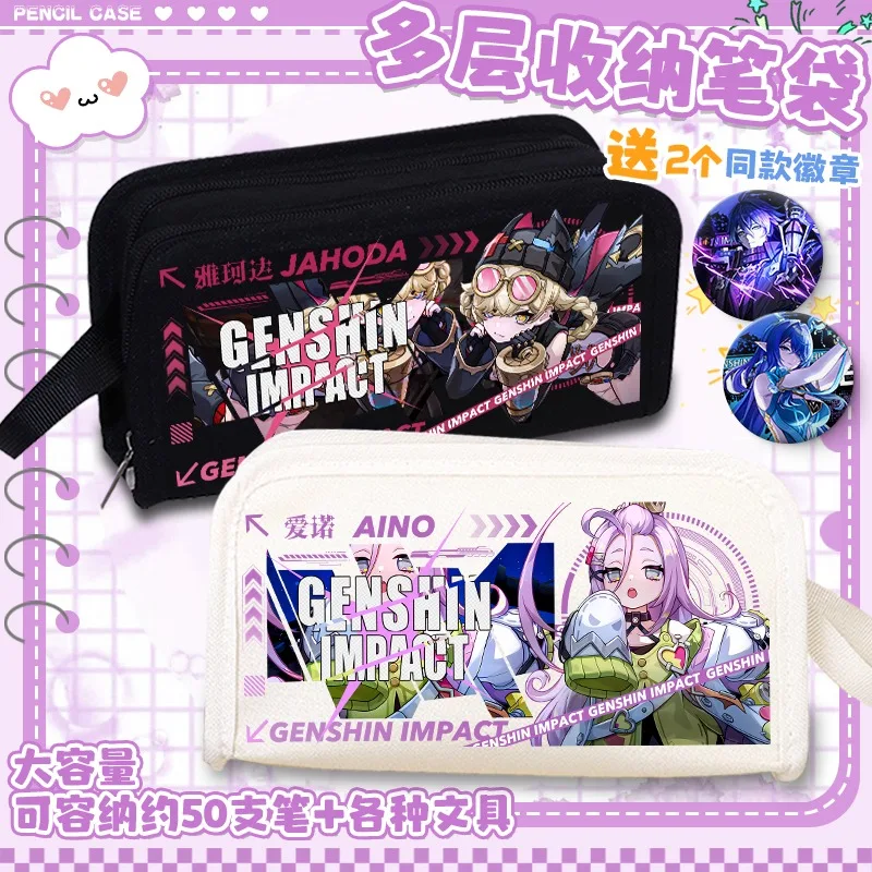 Anime Genshin Impact Flins Lauma Aino Durin Nicole Reeyn Nefer Varka Columbina Oxford doble capa cremallera Flip lápiz estuche
