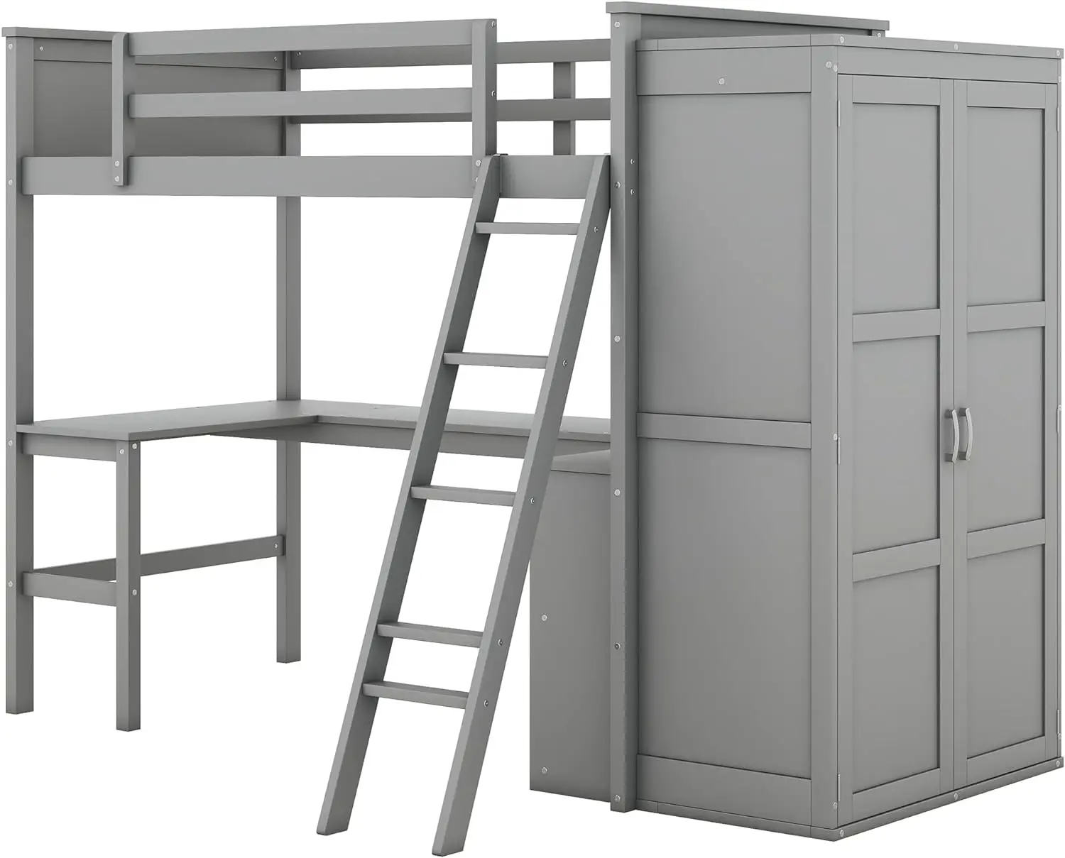 

Twin Size Loft Bed with Desk and Large Storage Wardrobe, Solid Wood High LoftBed Frame with Shelves & Ladder