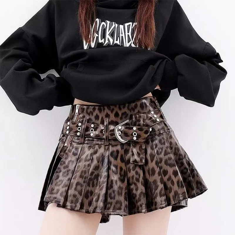 Women's Brown Leopard Print PU Leather Casual Mini Skirt Y2K Streetwear Harajuku 2000S A-Line Sexy Fashion Retro Short Skirt New
