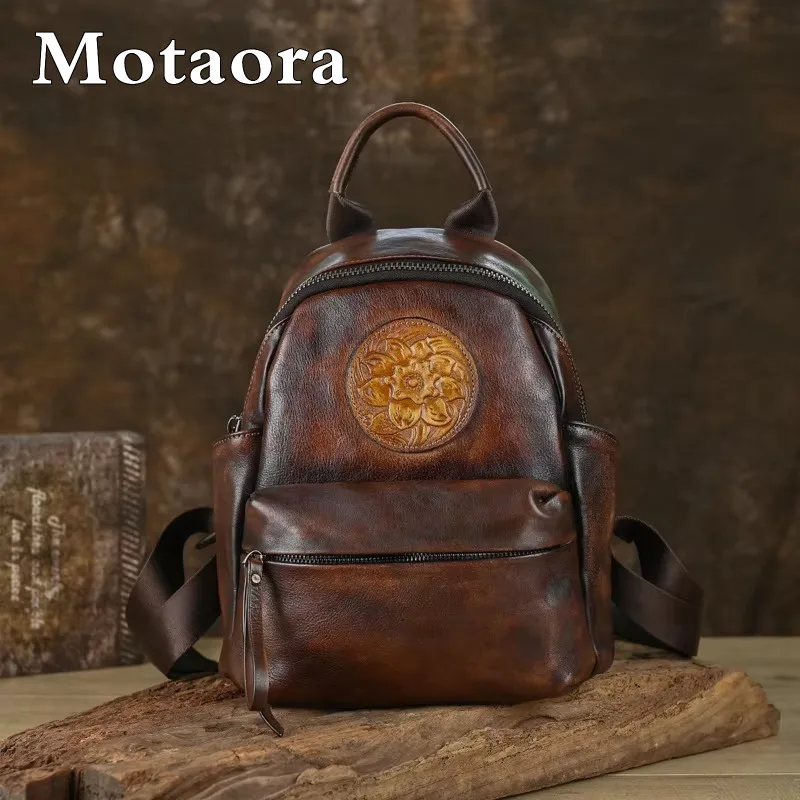 

MOTAORA Retro Genuine Leather Women Backpack Multi Purpose Embossed Handbag Handmade Large Capacity Travel Bag Cowhide Schoolbag
