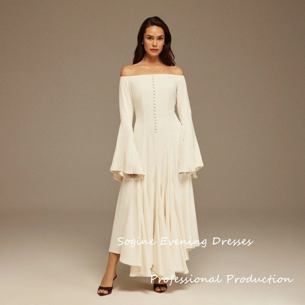 

Customized Off Shoulder A-Line Midi Crepe Evening Dress Elegant Ruffles Prom Dress For Women Puff Sleeve A-Line Party Gowns 2025