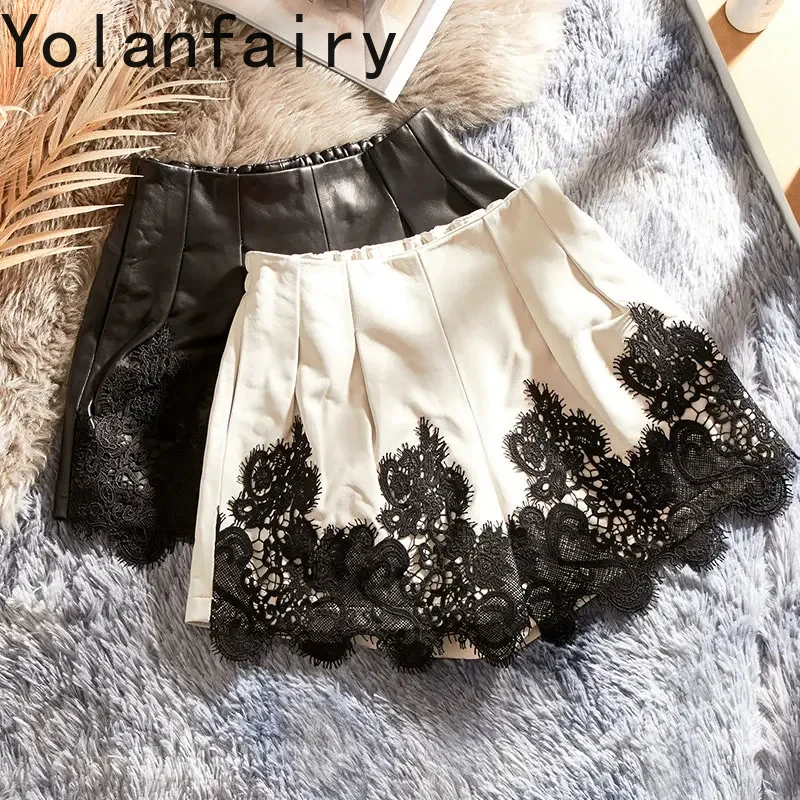 

Real Sheepskin Leather Shorts Women Summer High Waisted Shorts Lace Splicing Short Hot Pants Women's Clothing Wide Leg Short SGG