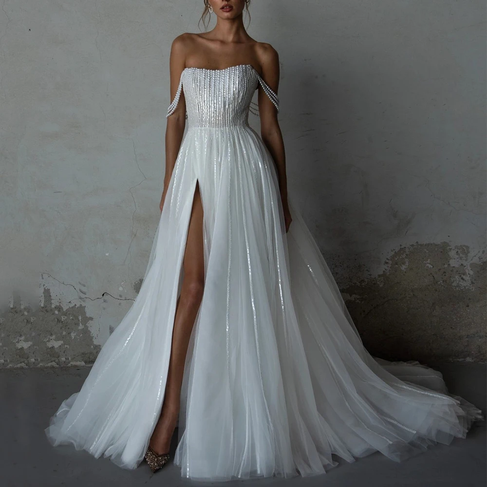 

Glitter Strapless A-Line Wedding Dress Sexy Side Slit Floor Length Sequin Tulle Bride Customized свадебное плать