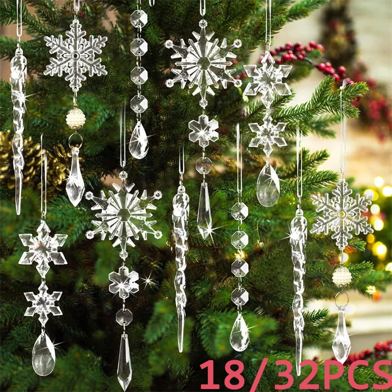 

18/32PCS Christmas Tree Decoration Crystal Ornaments Hanging Acrylic Snowflake Icicle Pendant Xmas Party Decor Christmas Gift