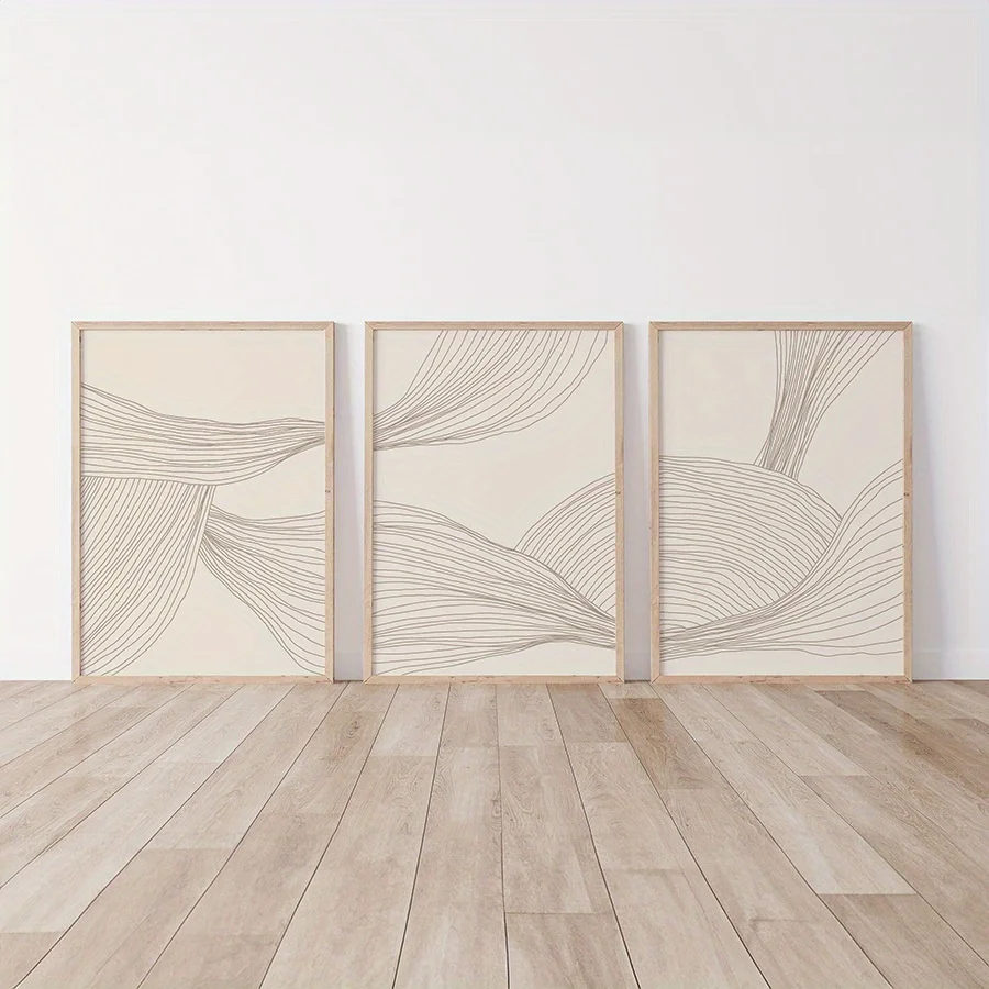 مجموعة 3 قطع من فن الحائط المحايد باللون البيج التجريدي، طباعة فاخرة وعصرية، فن جمالي، ملصق، قماش شمالي بسيط وحديث #3