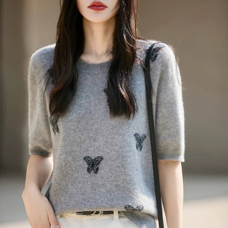 

Вязаный женский свитер из 100% чистой шерсти с короткими рукавами и круглым вырезом на осень и зиму, свободный пуловер с короткими рукавами, шерстяной свитер