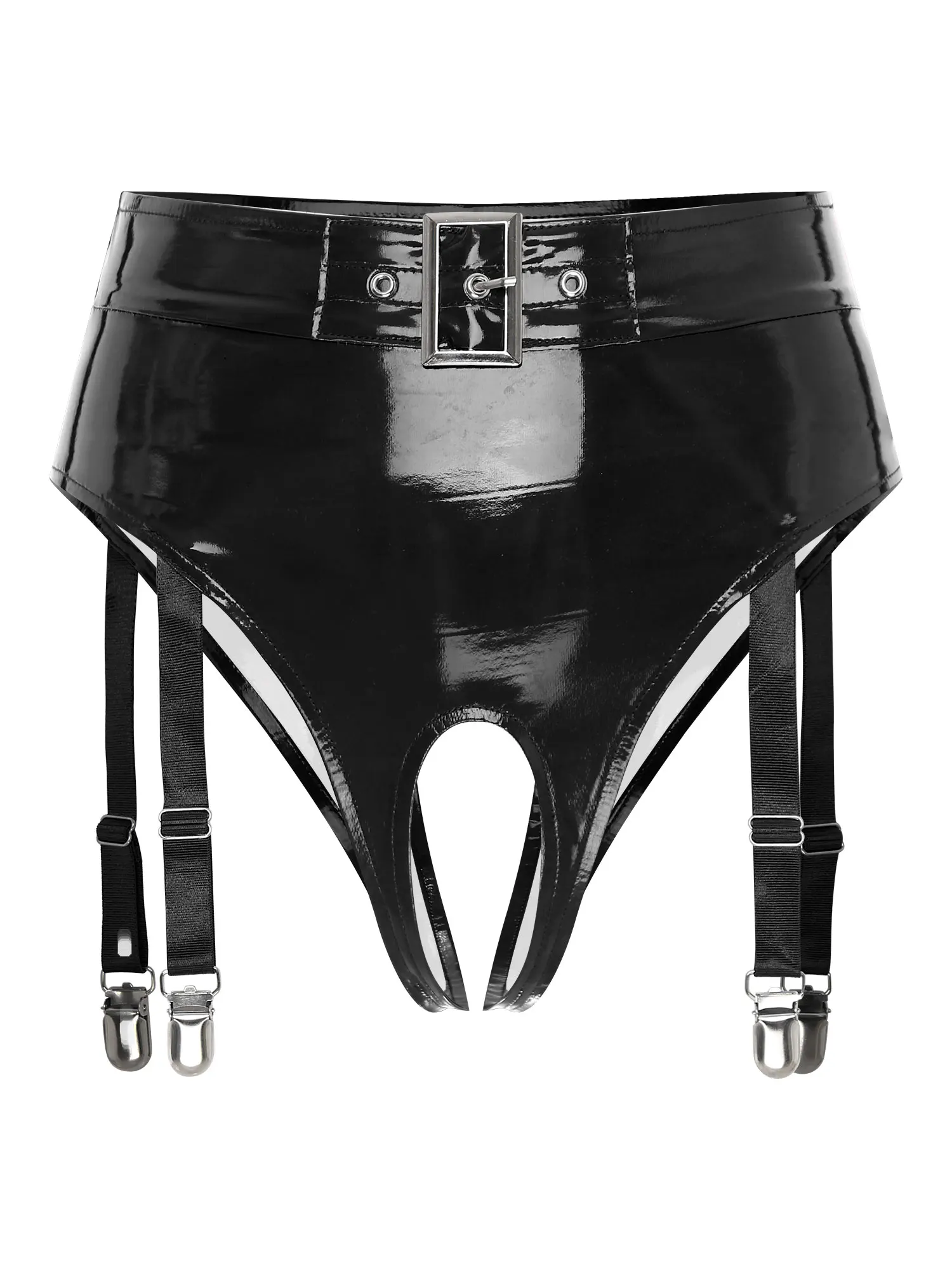 Sexy Womens Patent Leather Underwear with Garter Clips Lingerie Porno High Waist Open Crotch Thong Briefs Underpants Clubwear