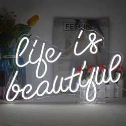 Life is Beautiful Neon Signs for Wall Decor Letter Neon Lights for Bedroom USB Powered Livingroom Party Wall Hanging Decor