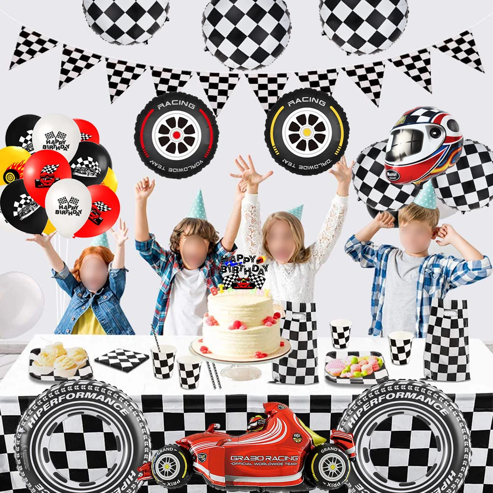 Racing Car Black and White Checkered Tableware Plates Cups Napkins Pennant Foil Balloon Boys F1 Racing Birthday Party Decoration