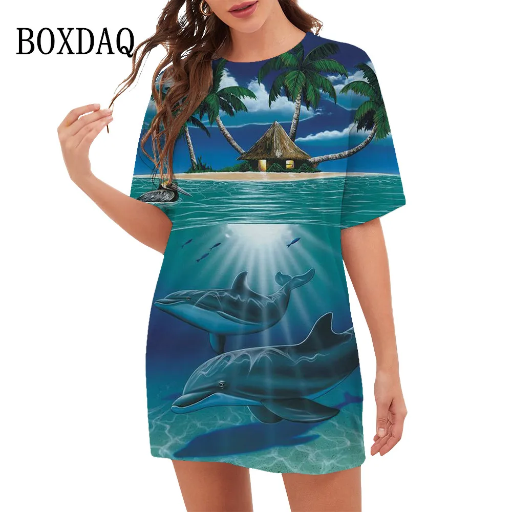 Whale Dolphin 3D Print Dress Summer Scenery Beach Style Ocean Vegan Dress Oversized Women Casual Short Sleeve Graphic Dresses