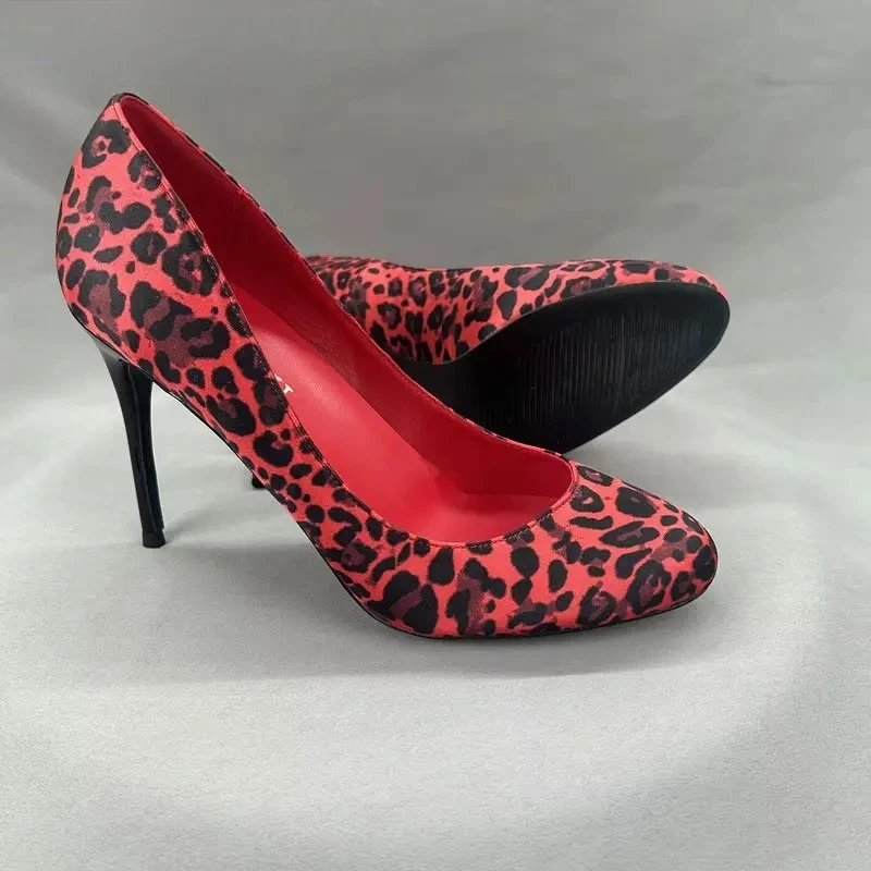 Tikicup Vintage Sexy Red Leopard Print Round Toe Pumps 8/10/12CM Ultra Stiletto High Heels Party Evening Nightclub Daily Shoes