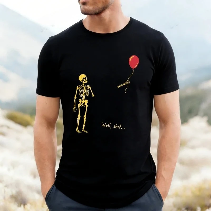 Skeleton Lost Balloon Graphic T Shirt Men Well Shit Funny Skeleton T-Shirts Dark Humor Gothic Sarcastic Unisex Streetwear Gift