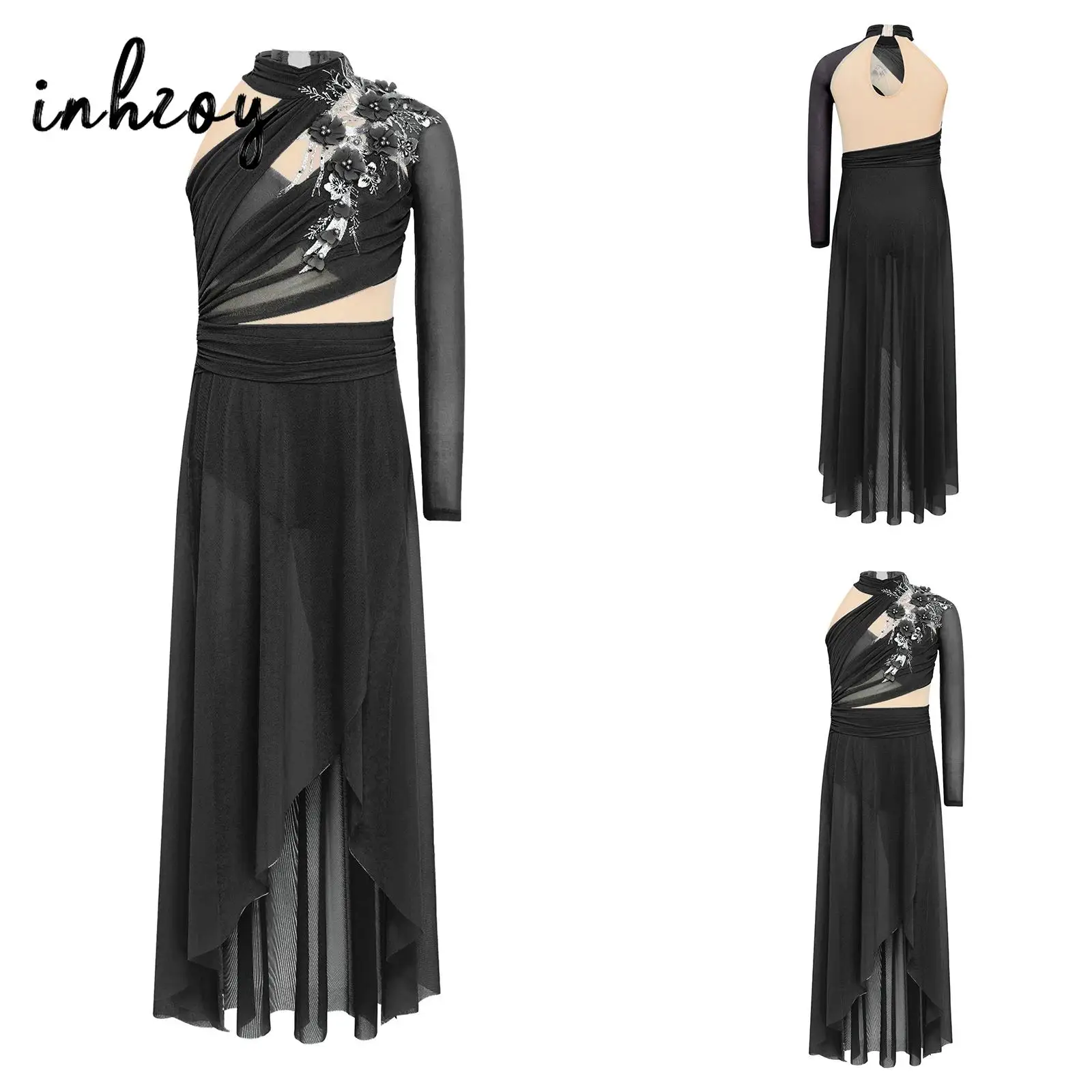 

Детские платья для лирических танцев с нежной аппликацией для девочек, костюм для выступлений, дизайн с аппликацией и разрезом по бокам