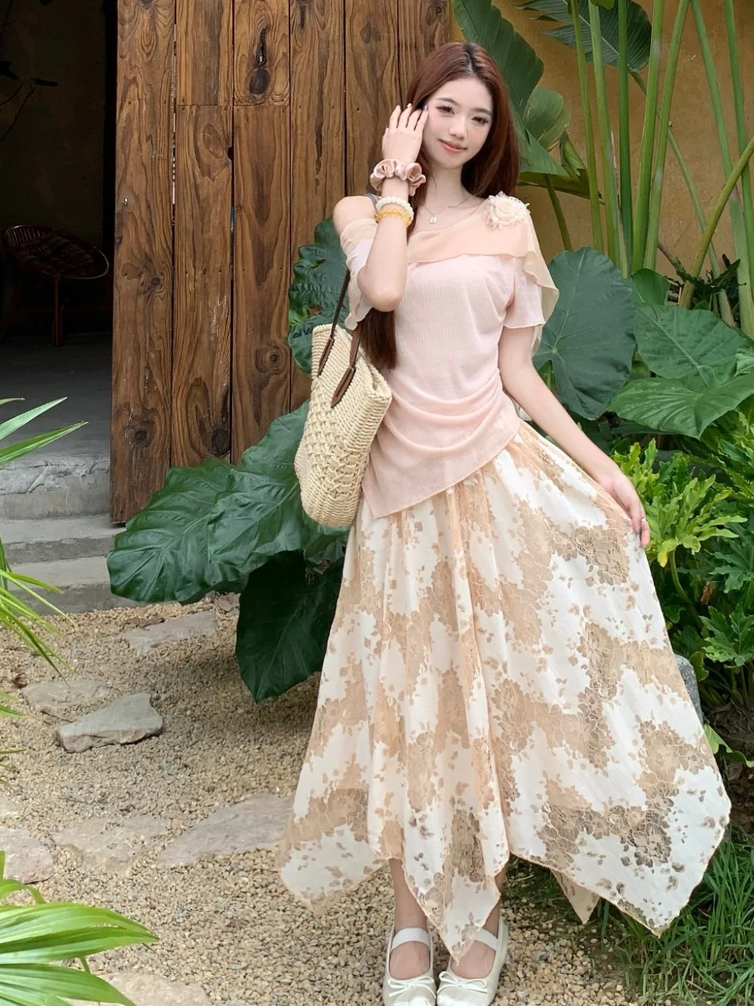 

Elegant Lace Half-length Skirt Shoulder-baring Top Floral Print Summer Fashion Set Women's Clothing Short Sleeve Slim Fit