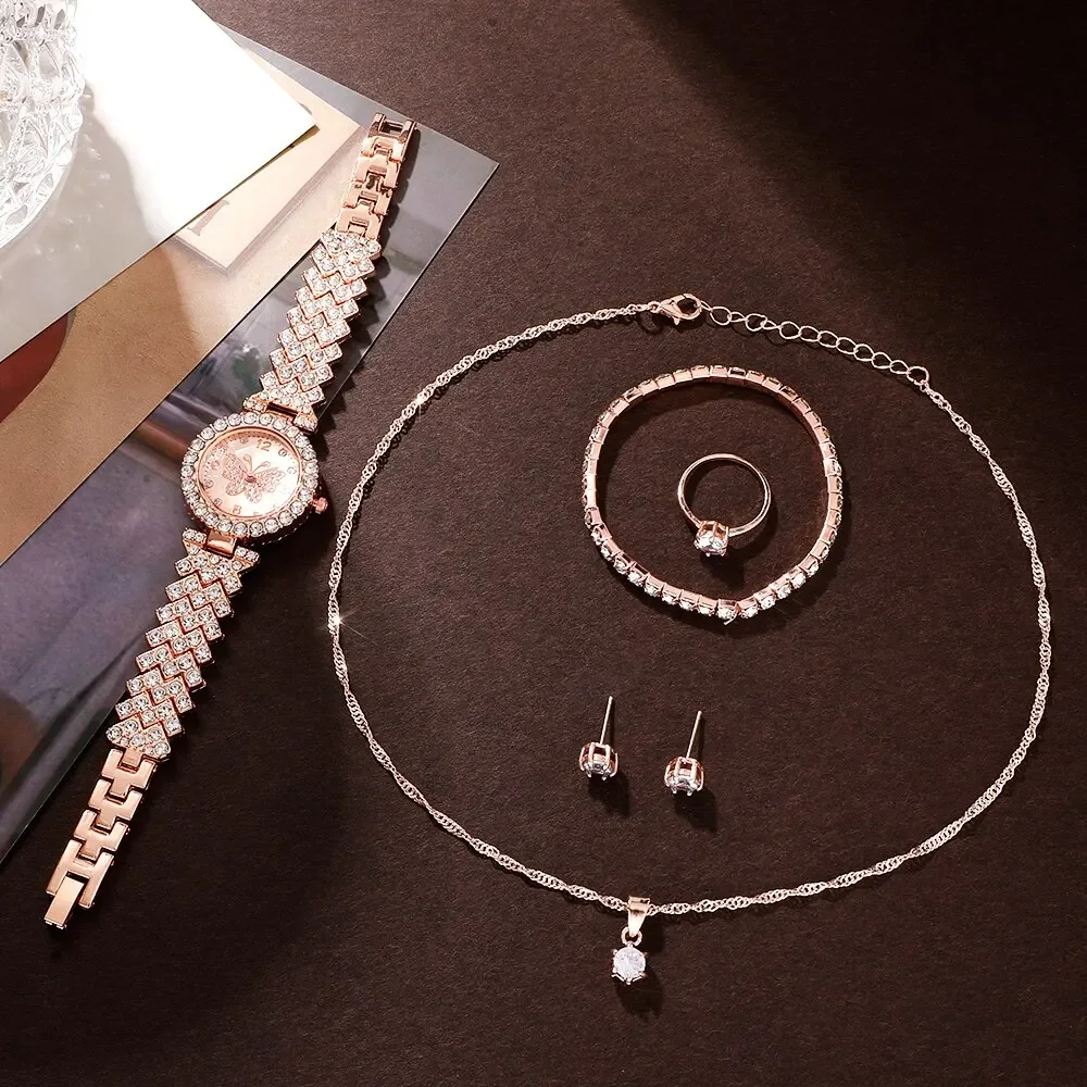 6pcs Butterfly Series Fashion Ladies' Diamond-Embedded Digital Quartz Watch with Steel Strap