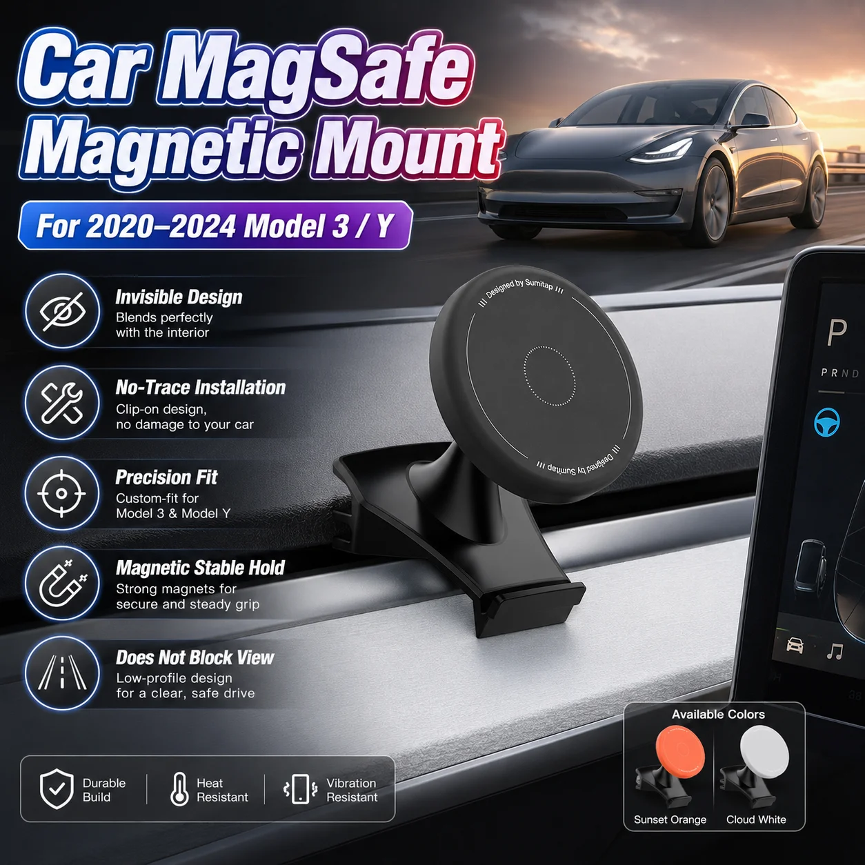 For Tesla Model 3 Model Y Car Phone Holder MagSafe Magnetic Mount 2020-2024 Invisible Dashboard Clip Stand Anti-Shake GPS Bracke