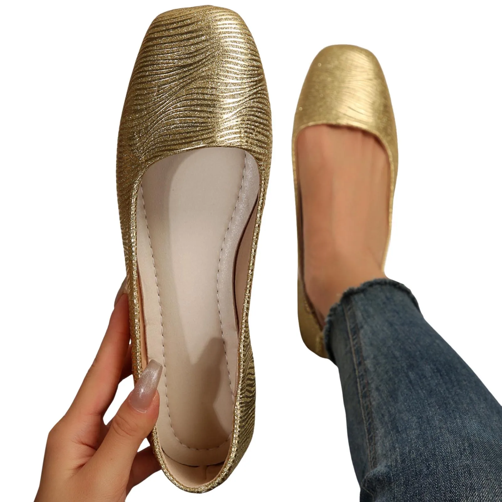 Sapatos rasos de dedo redondo para mulheres, deslizar sobre mocassins, casual, confortável, luxuoso PU, impermeável, tamanho mais grande, prateado, dourado, preguiçoso