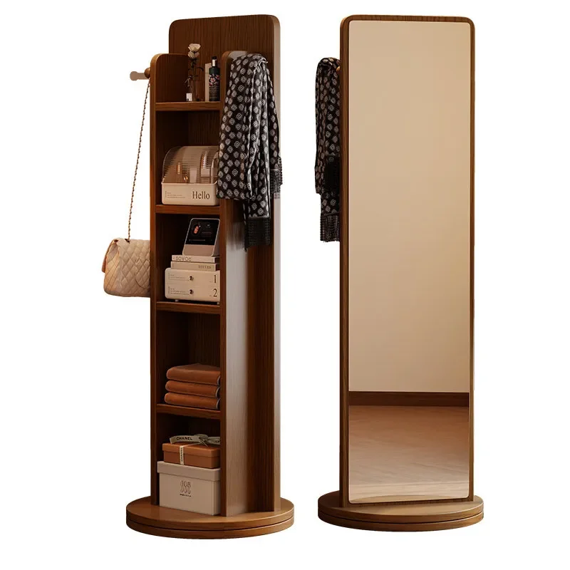 Square Rotating Full Length Floor Mirror with Magazine Rack Storage Movable Standing Dressing Mirror for Home Bedroom
