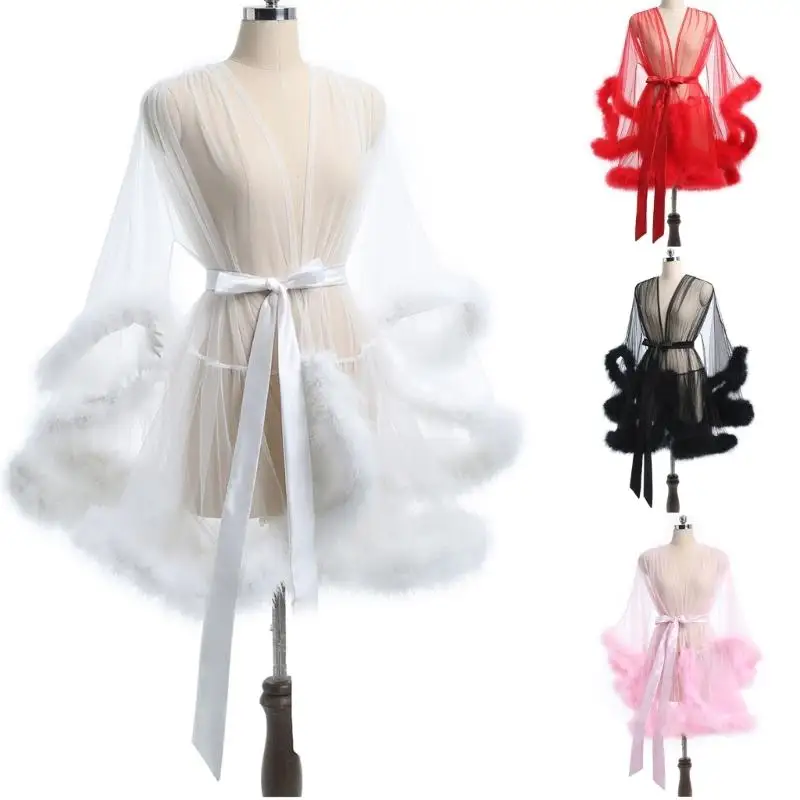 Elegant Sheer Mesh Kimono Robe for Women Chemise Dress with Satins Belt Furry Trim Long Sleeve Lingerie Party Nightgown